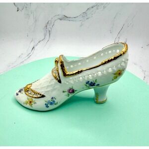 White Porcelain High Heel Shoe Trinket Dish Floral Gold‎ Trim Vintage Decor